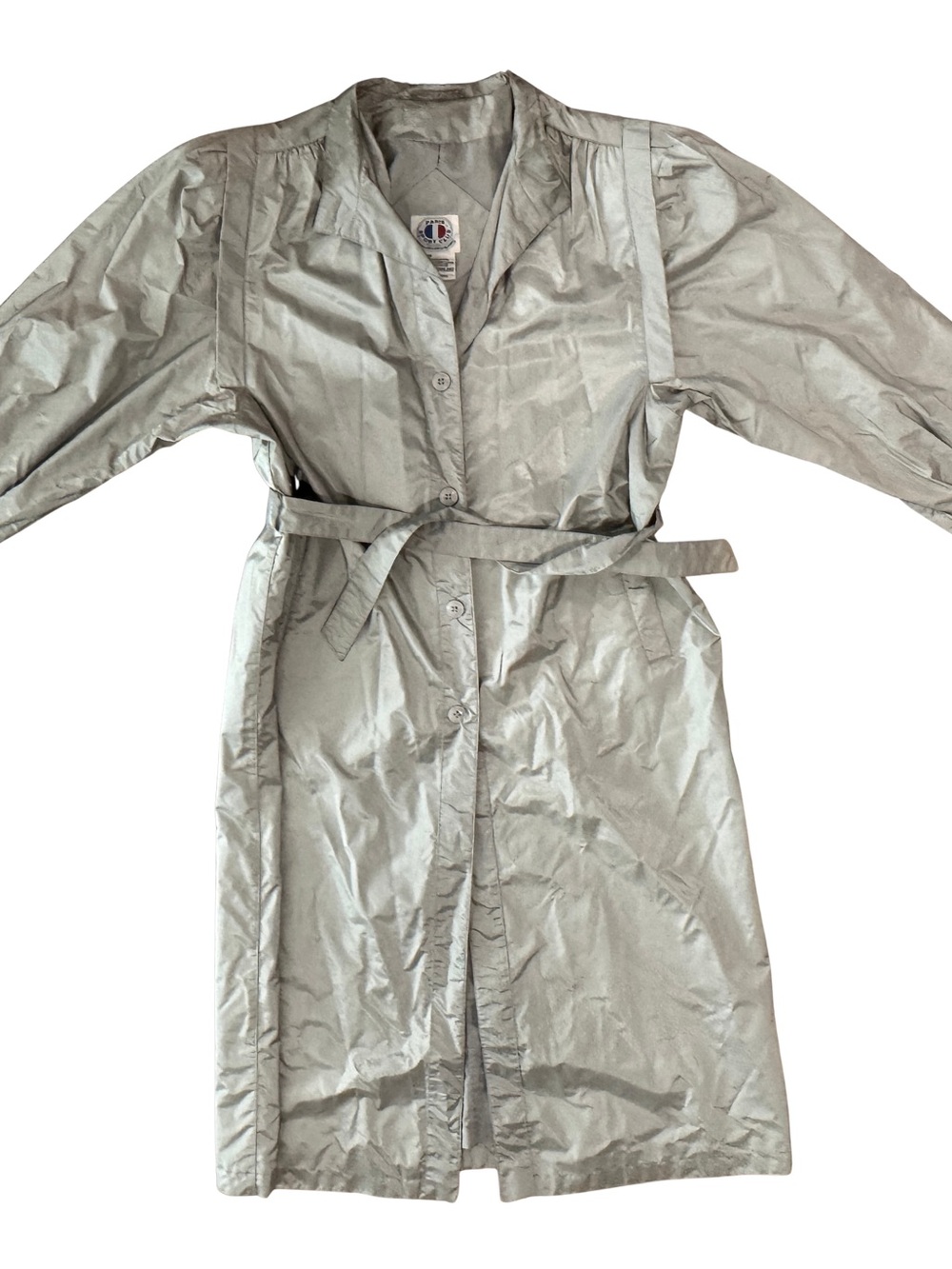 Vtg 80’s Paris Sports Club Silver Lightweight Belted Trench Coat